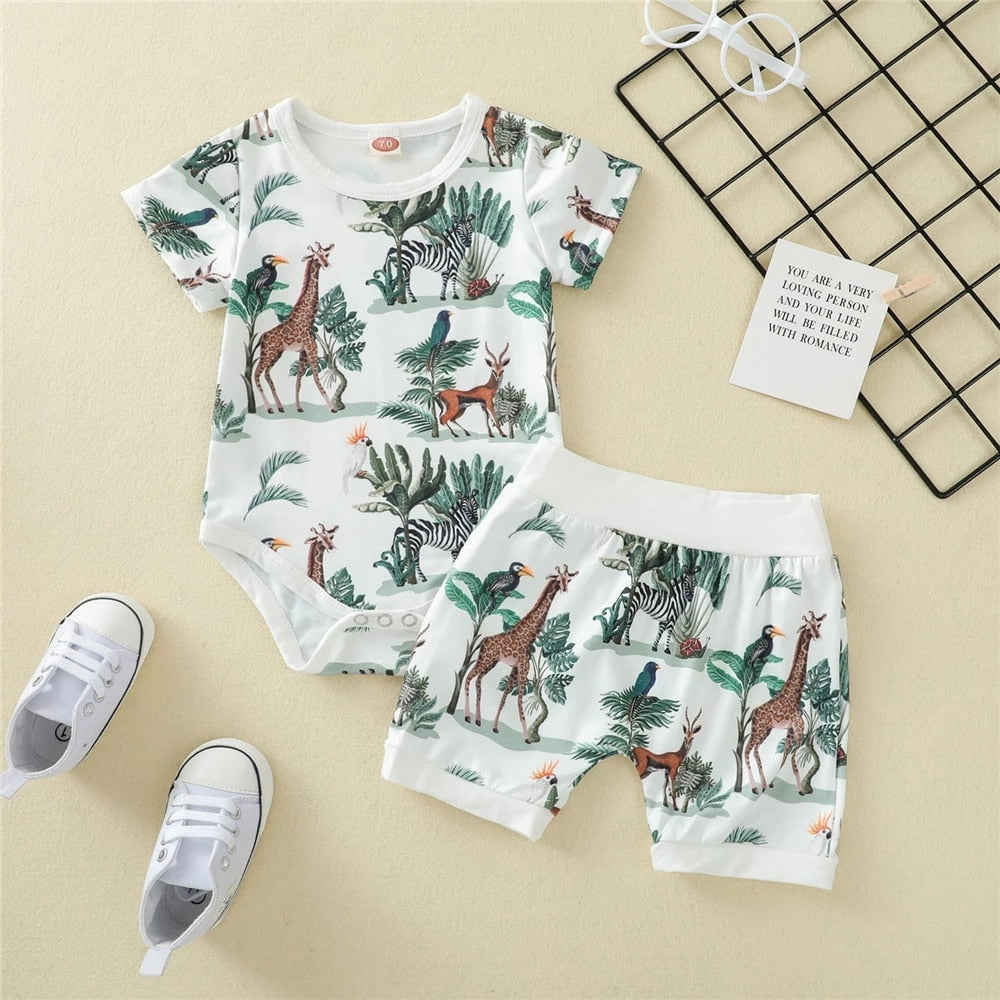 Baby Boy Jungle Animal Safari Romper and Shorts Set Jungle Birthday Outfit