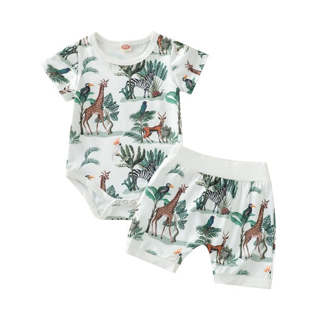 Baby Boy Jungle Animal Safari Romper and Shorts Set Jungle Birthday Outfit