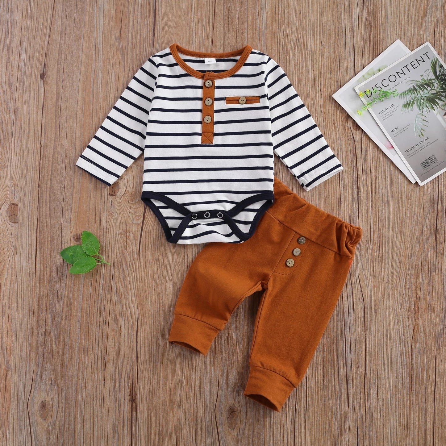 Baby Boy Stripe Long Sleeve Romper Black and White with Mustard Rust Detailing and Pants