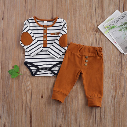 Baby Boy Stripe Long Sleeve Romper Black and White with Mustard Rust Detailing and Pants