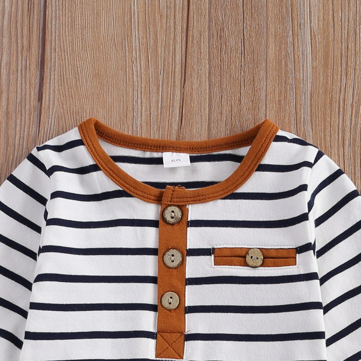 Baby Boy Stripe Long Sleeve Romper Black and White with Mustard Rust Detailing and Pants