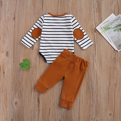 Baby Boy Stripe Long Sleeve Romper Black and White with Mustard Rust Detailing and Pants