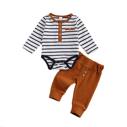 Baby Boy Stripe Long Sleeve Romper Black and White with Mustard Rust Detailing and Pants