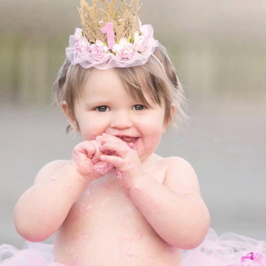 Baby Girl First Birthday Crown Headband Number One Flower Gold Pink White