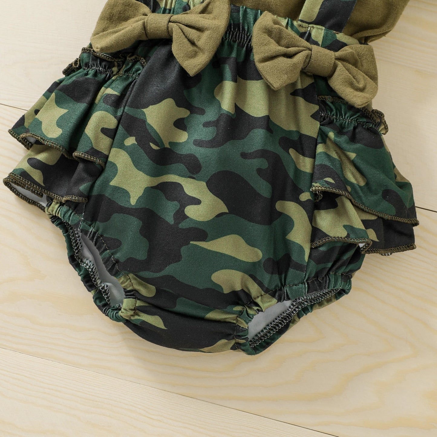 Baby Girl Camouflage Suspender Bloomers with Ruffle Sleeve Olive Green Romper and Matching Head Band Bow