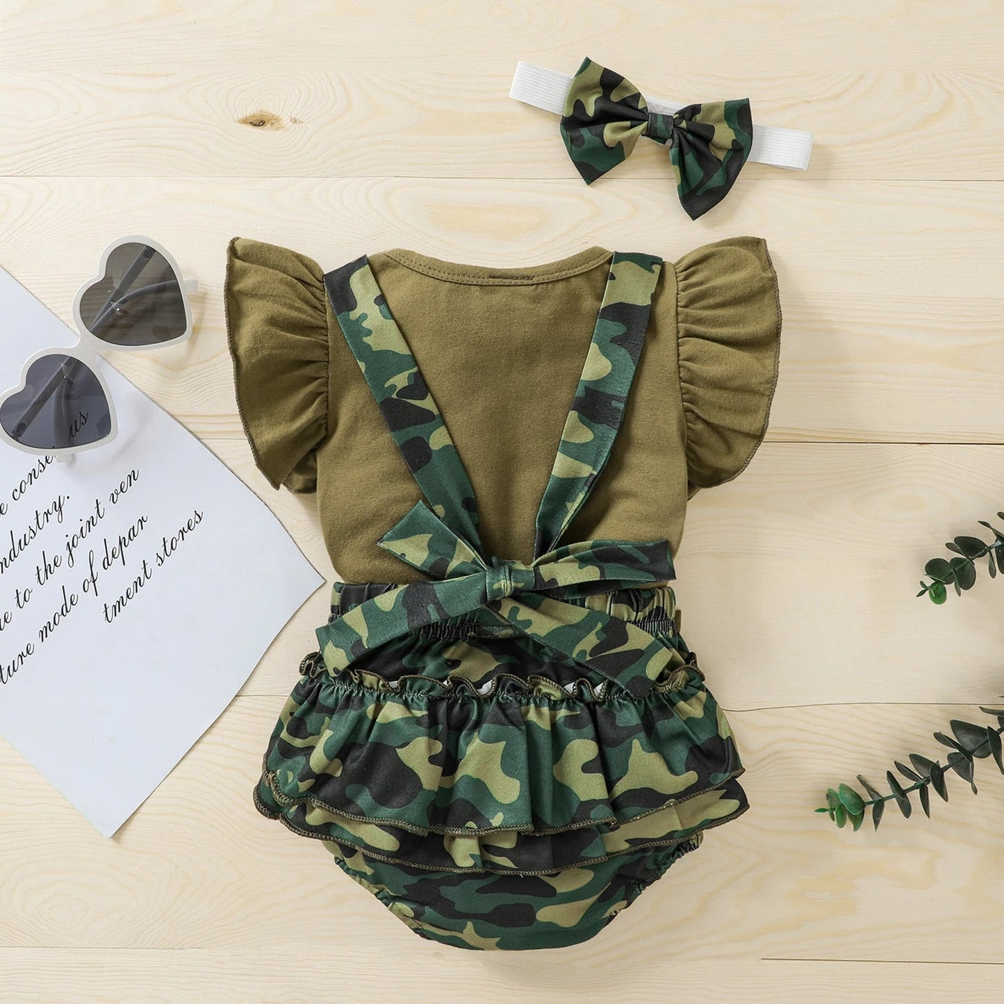 Baby Girl Camouflage Suspender Bloomers with Ruffle Sleeve Olive Green Romper and Matching Head Band Bow