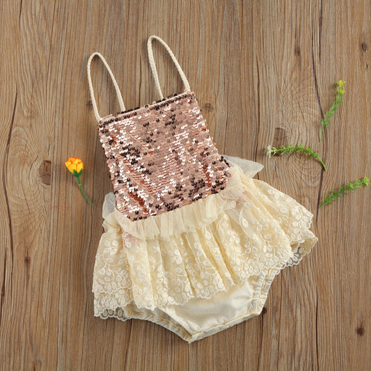 Baby Girl Rose Gold Sequin and Beige Lace Romper Shabby Chic Rustic Outfit