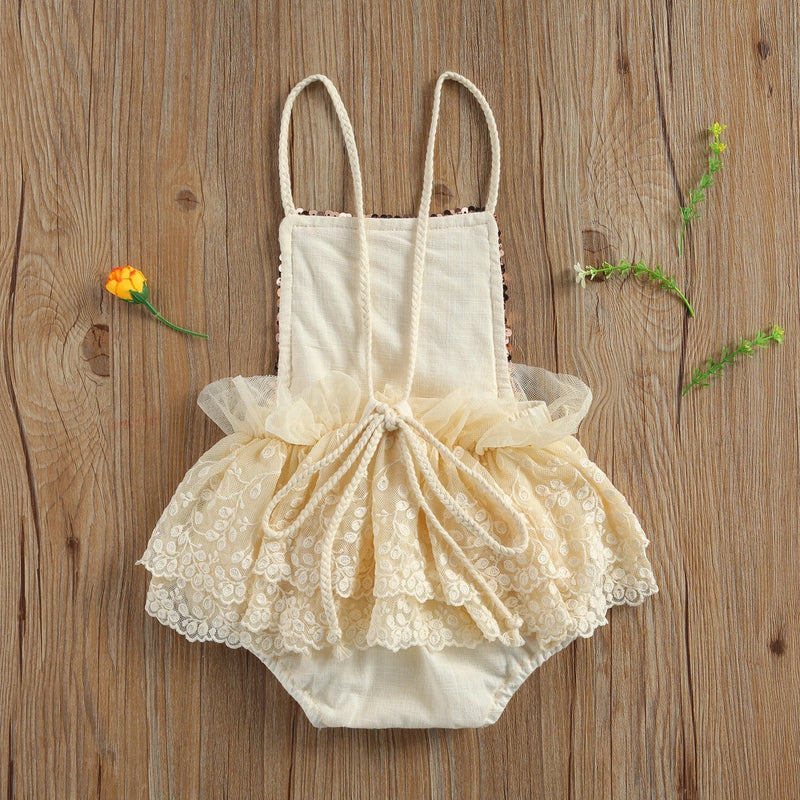Baby Girl Rose Gold Sequin and Beige Lace Romper Shabby Chic Rustic Ou ...