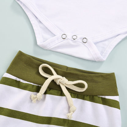 Baby Boy Clothing Set Mama's Little Man Olive Green and White Stripe Onesie Pants Hat Outfit