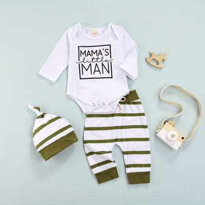 Baby Boy Clothing Set Mama's Little Man Olive Green and White Stripe Onesie Pants Hat Outfit