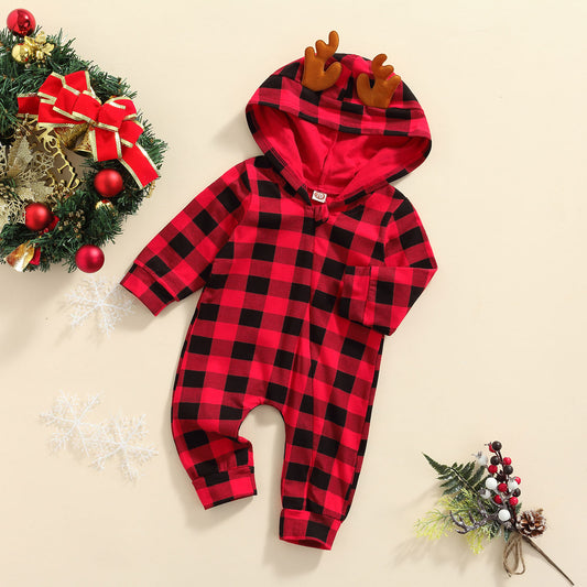 Baby Boy Red and Black Buffalo Plaid Reindeer Hoodie Christmas Holiday Romper Outfit Check Print