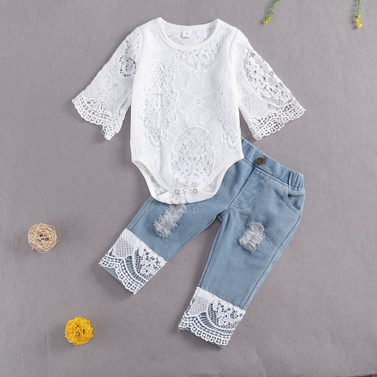 Baby Girl Distressed Denim Jeans with White Lace Detail and Long Sleeve Lace Romper