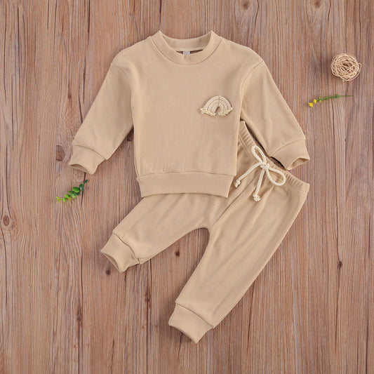 Baby Solid Color Neutral Nude Pant and Sweatshirt Set with Boho Rainbow Boy Or Girl Outfit