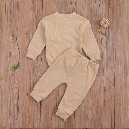 Baby Solid Color Neutral Nude Pant and Sweatshirt Set with Boho Rainbow Boy Or Girl Outfit