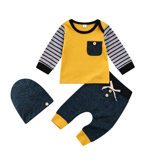 Boys 3 Piece Color Black Outfit Yellow Navy White Stripe Long Sleeve Top, Pants and Beanie Hat