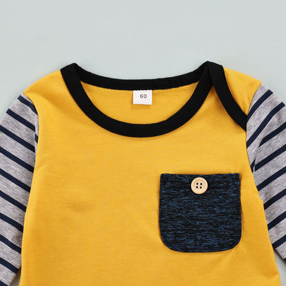 Boys 3 Piece Color Black Outfit Yellow Navy White Stripe Long Sleeve Top, Pants and Beanie Hat