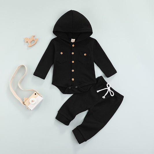 Baby Boy Thermal Hoodie Romper with Pants in Black and Wood Style Buttons Long Sleeve