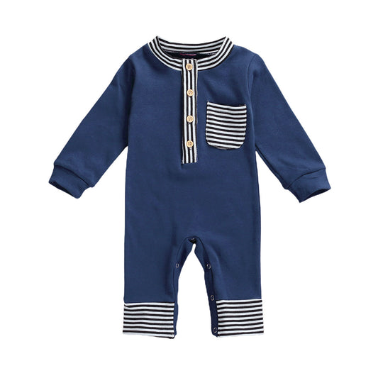 Baby Boy Infant Striped Romper with Pocket Long Sleeve Navy and White Stripe Yellow Elbow Patches