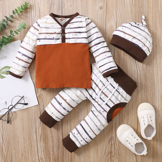 Baby Boy Clothes Long Sleeve Brown and White Striped Shirt Legging Pants and Hat Gift Set