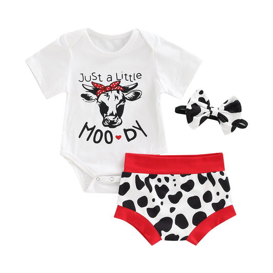 Baby Girl Cow Romper Funny Saying Just a Little Moody Red White and Black Country Outfit