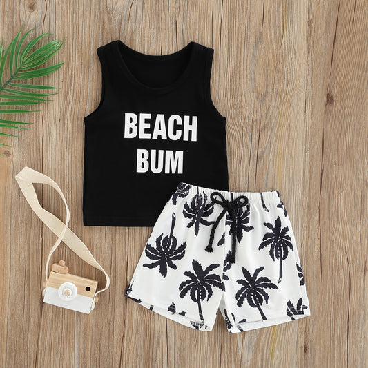 Beach Bum Baby Boy Sleeveless Top and Palm Tree Shorts Black and White