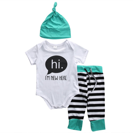 Hi I'm New Here Newborn Coming Home Outfit Unisex Baby Boy Baby Girl Onesie Hat and Pant Set Black and Aqua Blue