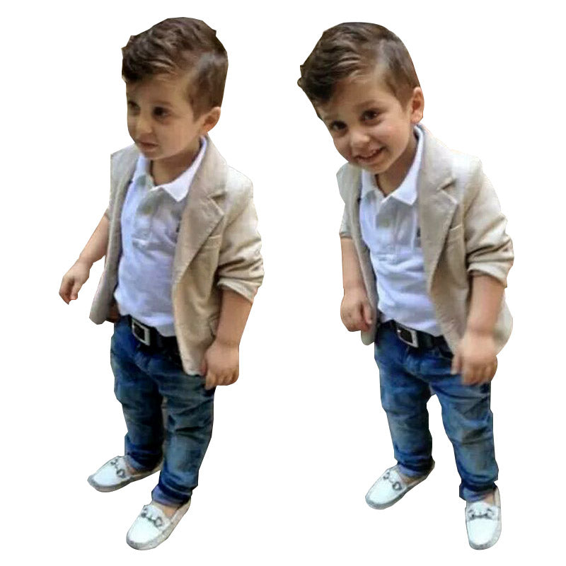 Toddler Khaki Suit Coat and Denim Pants Set with Collard Shirt