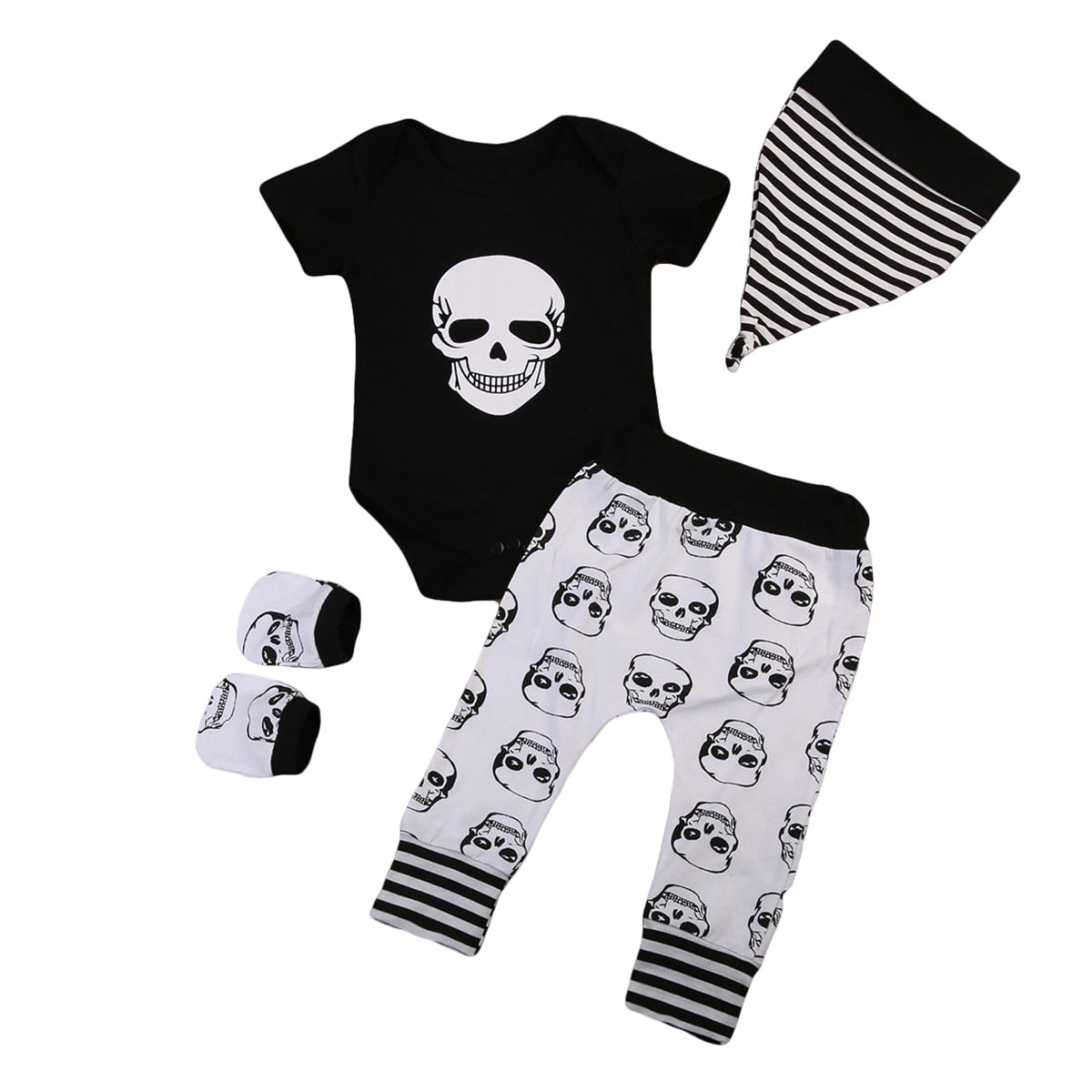 Baby Boy Skeleton Skull Romper Pants Hat Mittens Set Baby Shower Gift Punk Rock Stripes