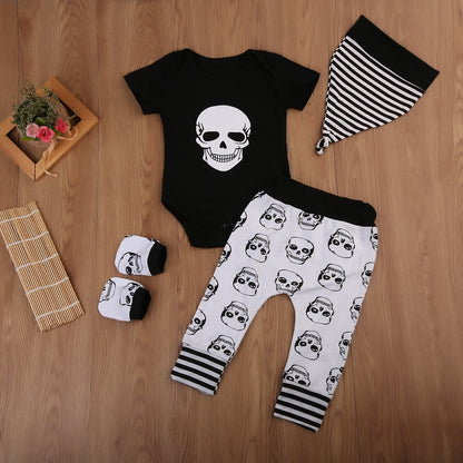 Baby Boy Skeleton Skull Romper Pants Hat Mittens Set Baby Shower Gift Punk Rock Stripes