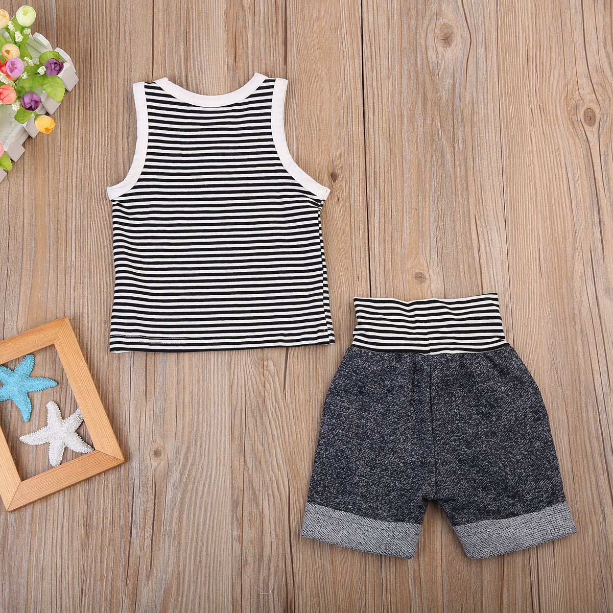 Baby Boys Summer outfit Black and White Stripe Toddler Boys Tanks Top and Jogging Shorts 2pcs