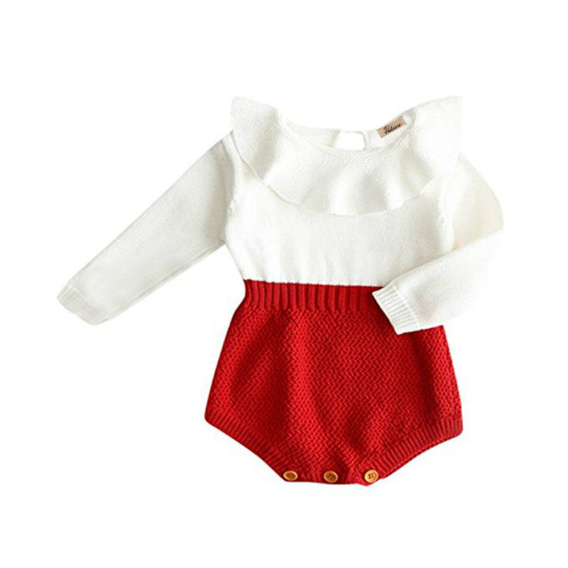 Baby Girls Knit Crochet Long Sleeve Romper with Ruffle Neck