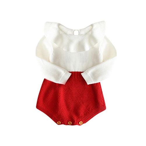 Baby Girls Knit Crochet Long Sleeve Romper with Ruffle Neck