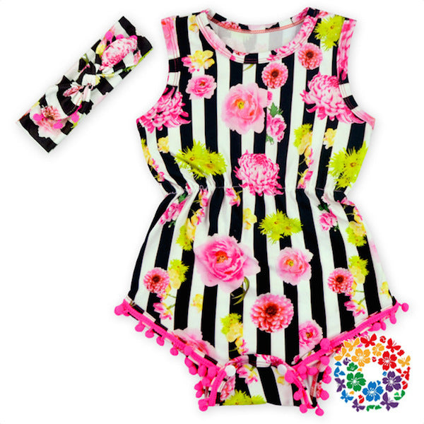 Baby Girl Pom Pom Rompers Floral Dots Leopard