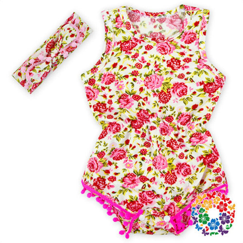 Baby Girl Pom Pom Rompers Floral Dots Leopard