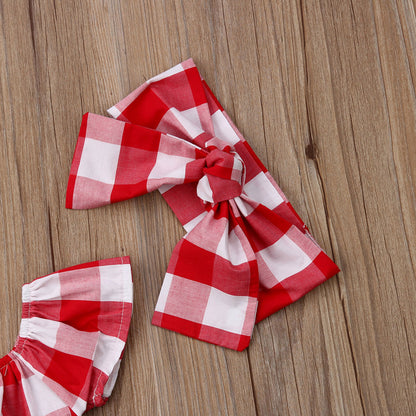 Baby Girl Red and White Gingham Romper with Ruffle Flutter Sleeves