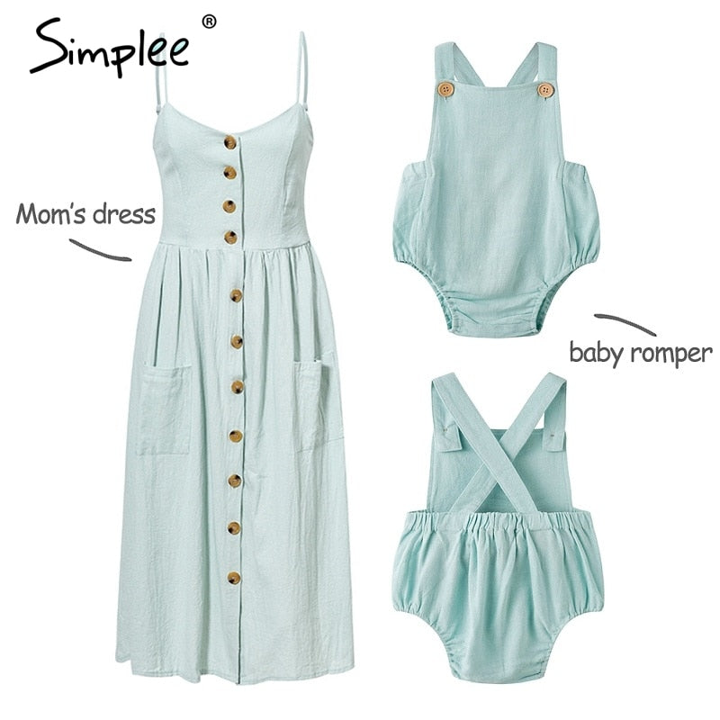 Mother and kids casual button dress Solid matching mom baby family clothes outfits beach dress Cute baby romper mom summer dress spaghetti strap wood buttons linen blue