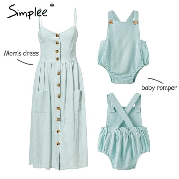 Mother and kids casual button dress Solid matching mom baby family clothes outfits beach dress Cute baby romper mom summer dress