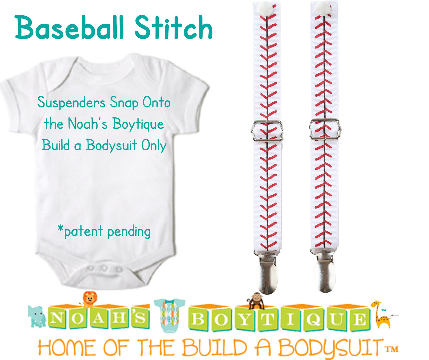 Baseball Stitch Noah's Boytique Bodysuit Suspenders - Snap on Suspenders - Suspender Outfit - Baby Suspenders - Baseball Party - Baseball - Noah's Boytique Suspenders - Baby Boy First Birthday Outfit