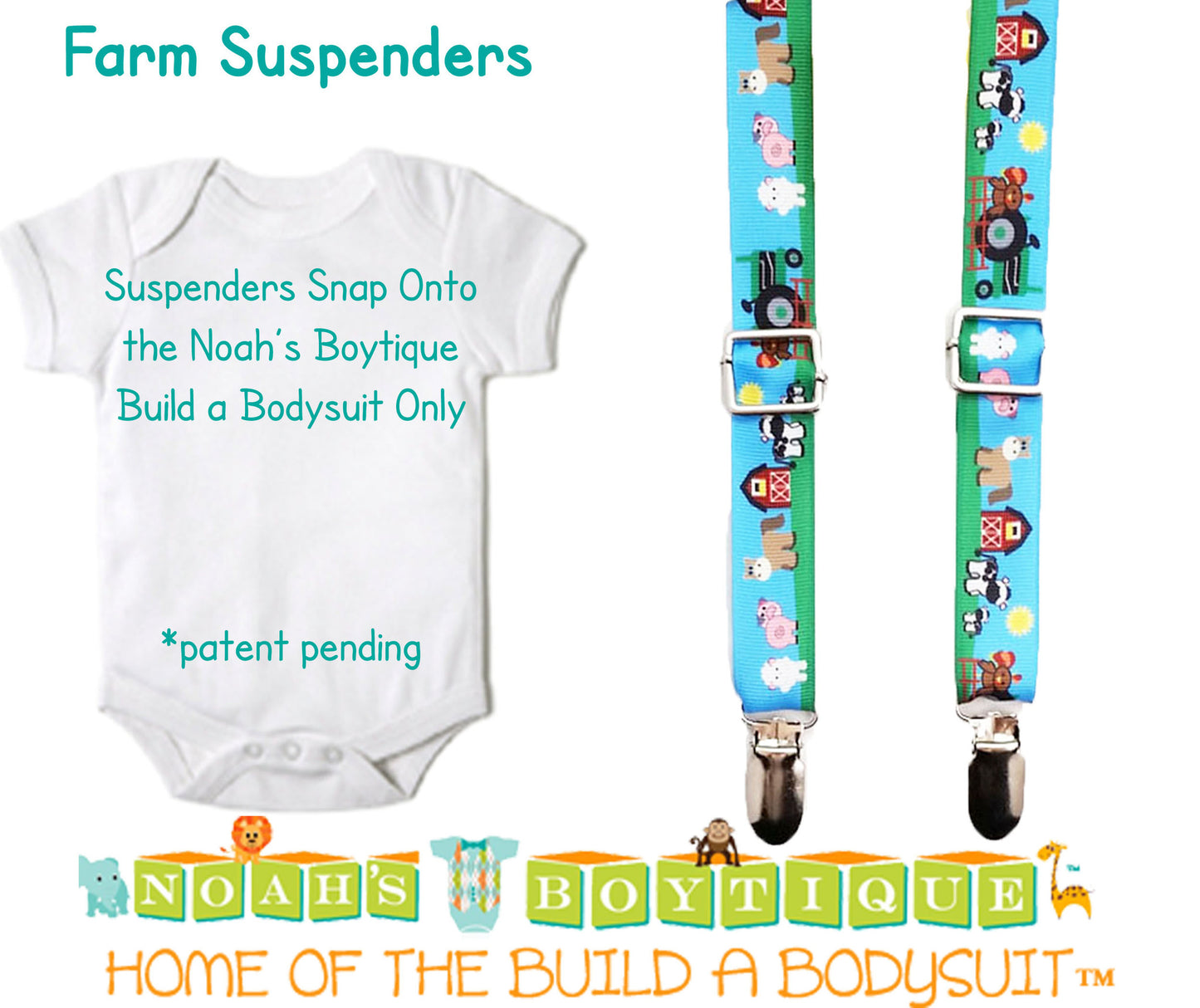 Farm Theme Noah's Boytique Bodysuit Suspenders - Snap on Suspenders - Suspender Outfit - Baby Suspenders - Newborn Suspender - Farm Animal Barn Party