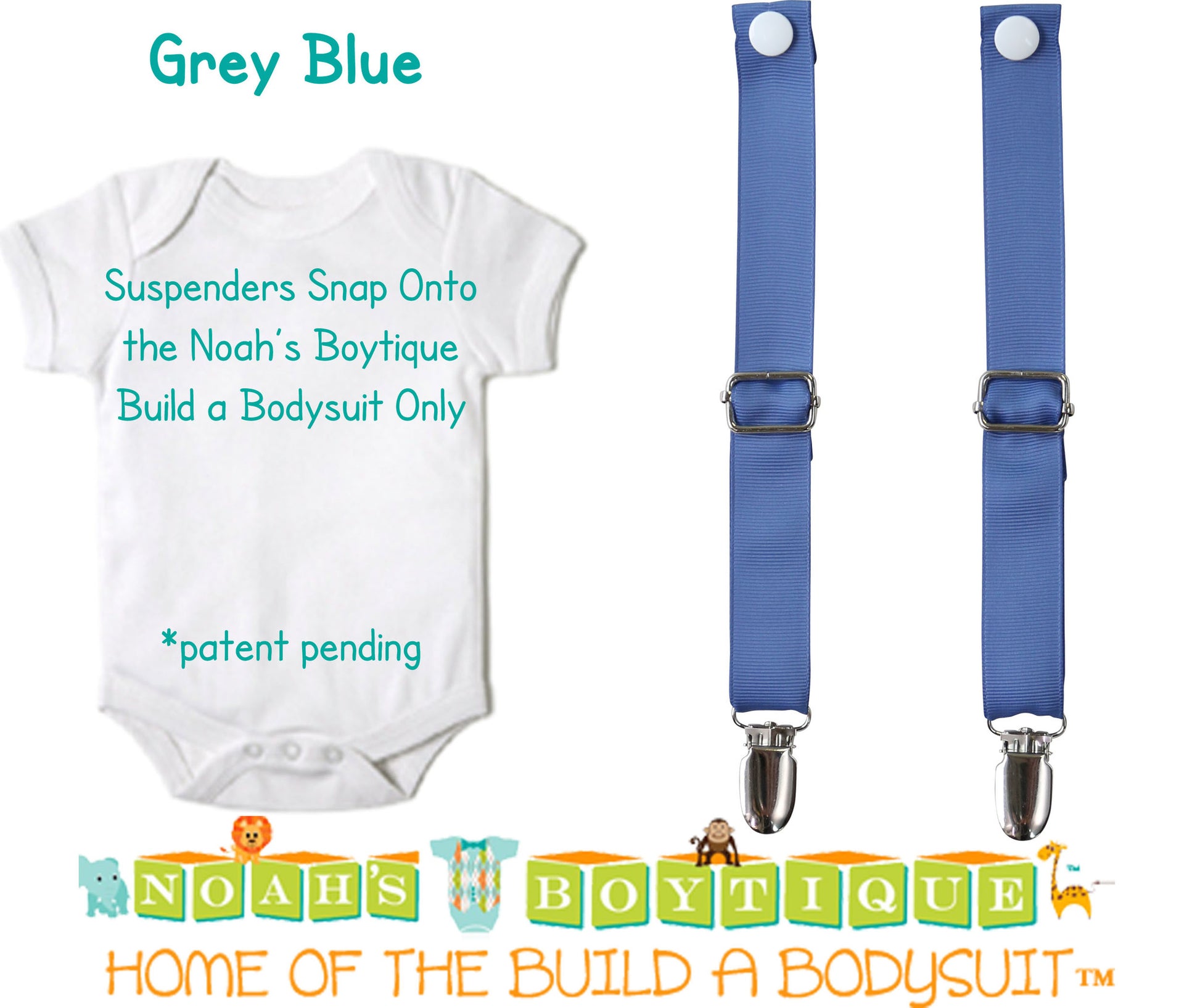 Grey Blue Noah's Boytique Bodysuit Suspenders - Snap On - Suspender Outfit - Baby Suspenders - Newborn Suspenders - Interchangeable