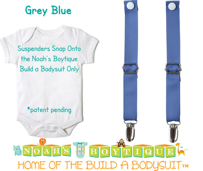 Grey Blue Noah's Boytique Bodysuit Suspenders - Snap On - Suspender Outfit - Baby Suspenders - Newborn Suspenders - Interchangeable