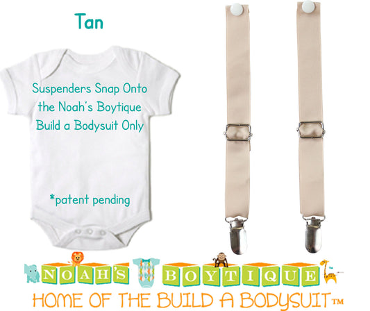 Tan Noah's Boytique Bodysuit Suspenders - Snap On - Suspender Outfit - Baby Suspenders - Newborn Suspenders - Interchangeable