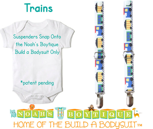 Train Noah's Boytique Bodysuit Suspenders - Snap on Suspenders - Suspender Outfit - Baby Suspenders - Newborn Suspenders - Primary Colors