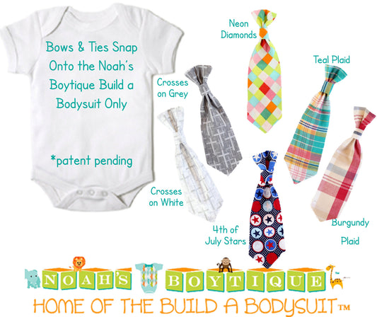 Baby Ties - Plaid Tie - Cross Tie - 4th of July - Neon Tie - Boy Tie Outfit - Tie Bodysuit - Newborn Tie - Snap On Tie - Cute Baby Ties - Noah's Boytique Bow Ties - Baby Boy First Birthday Outfit