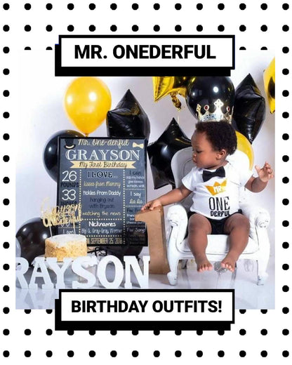 Mr Onederful First Birthday Outfit Black and Gold with Suspenders